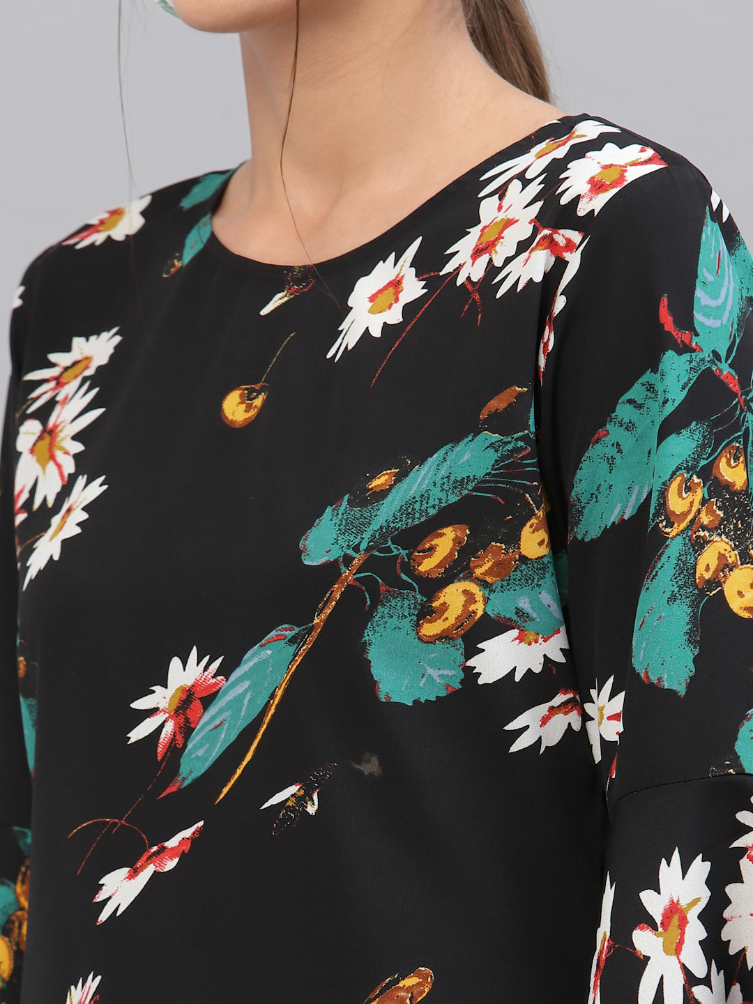 Style Quotient Women Black & Green Floral Printed Bell Sleeves Top-Tops-StyleQuotient