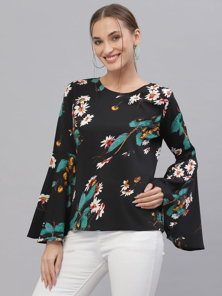 Style Quotient Women Black & Green Floral Printed Bell Sleeves Top-Tops-StyleQuotient