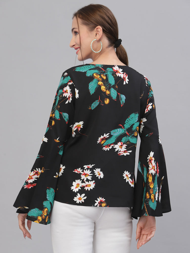 Style Quotient Women Black & Green Floral Printed Bell Sleeves Top-Tops-StyleQuotient