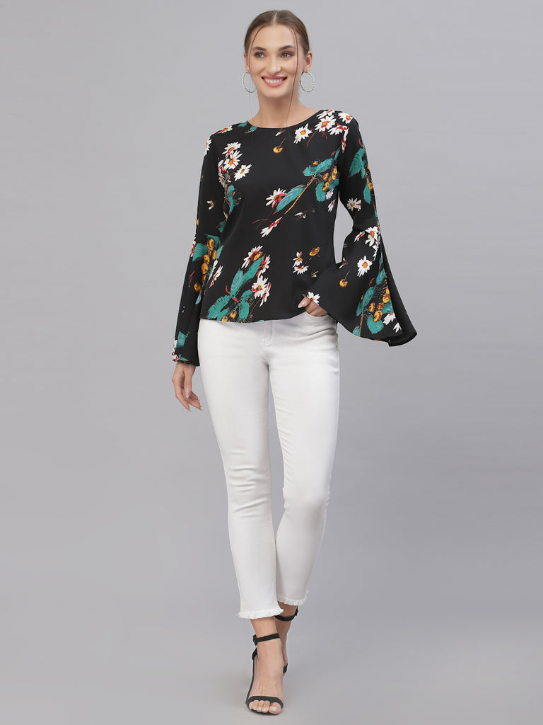 Style Quotient Women Black & Green Floral Printed Bell Sleeves Top-Tops-StyleQuotient