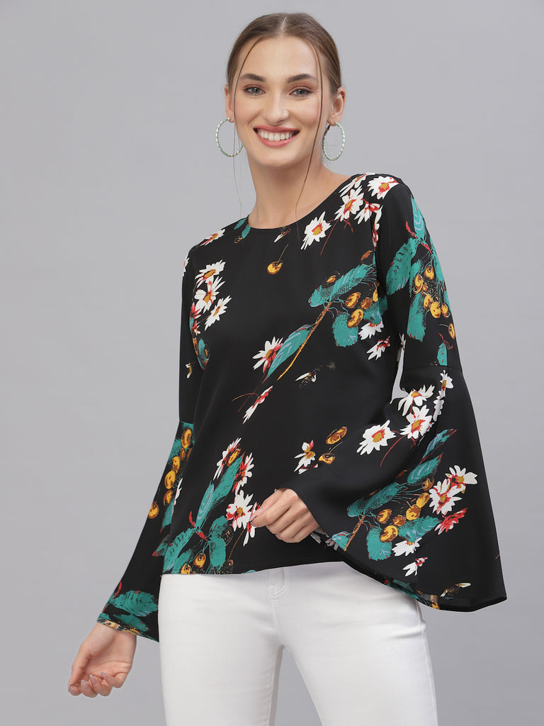 Style Quotient Women Black & Green Floral Printed Bell Sleeves Top-Tops-StyleQuotient