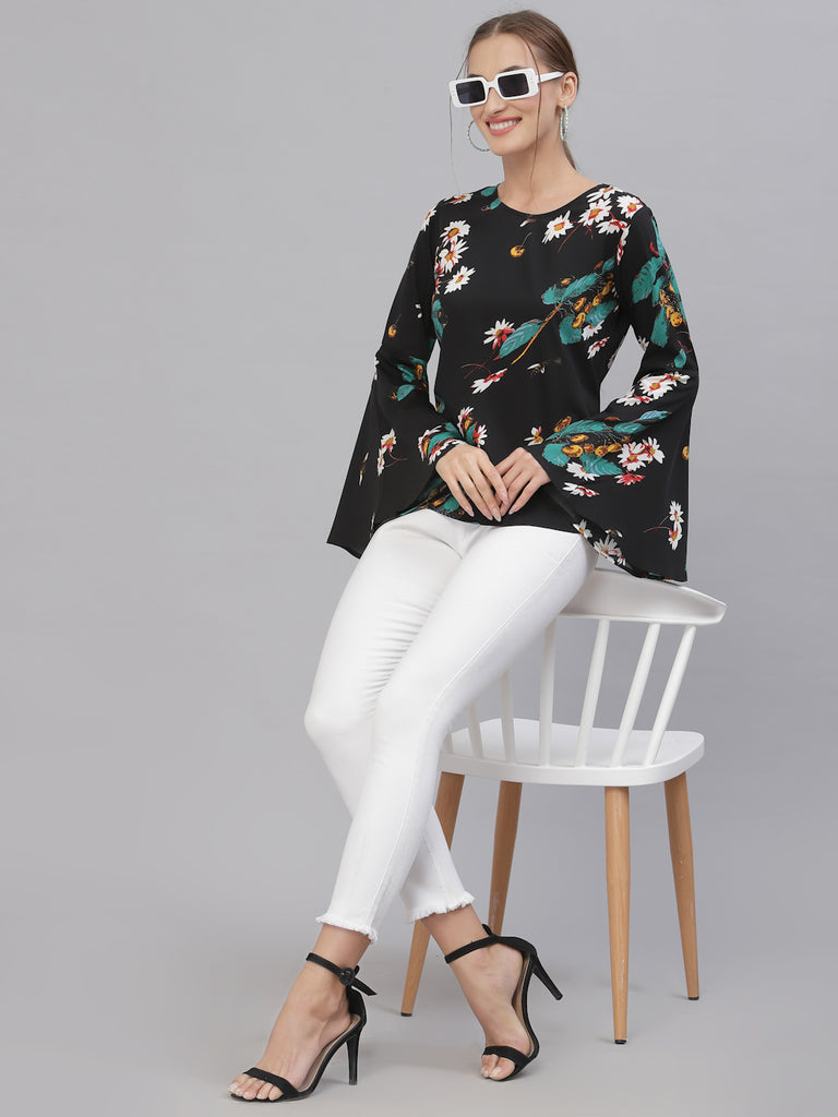 Style Quotient Women Black & Green Floral Printed Bell Sleeves Top-Tops-StyleQuotient