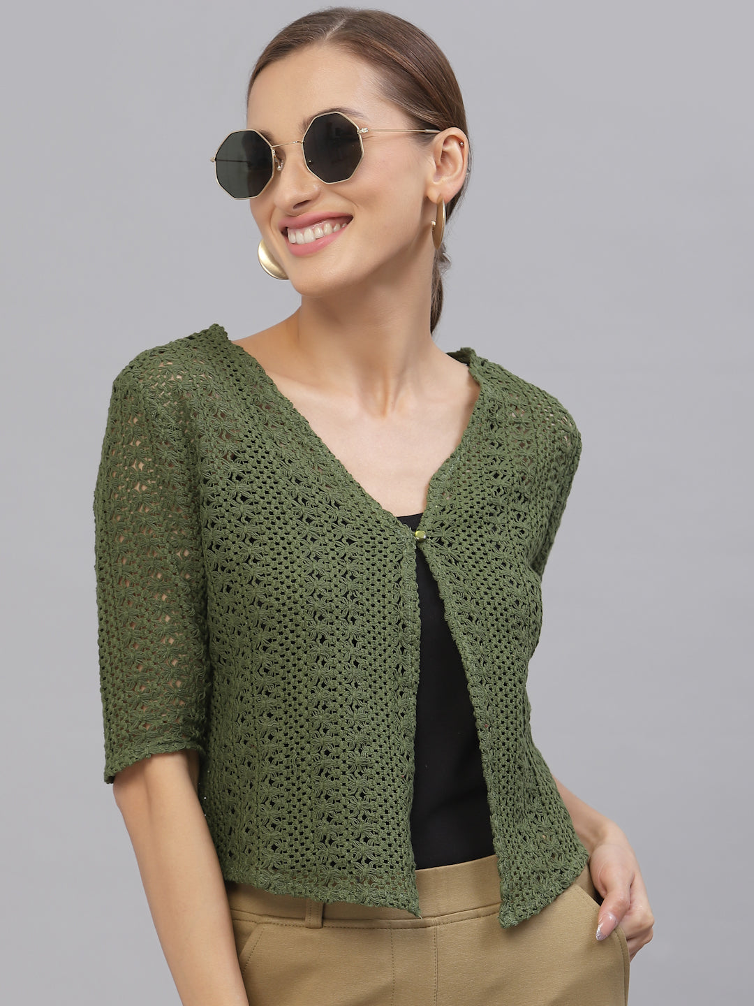 Style Quotient Women Self design olive cotton lace regular smart casual shrug-Shrug-StyleQuotient