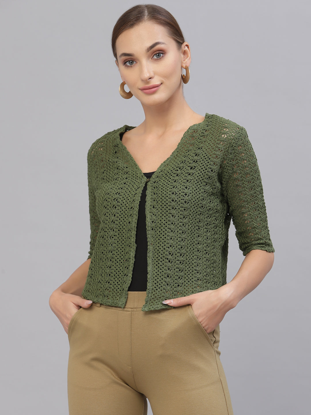 Style Quotient Women Self design olive cotton lace regular smart casual shrug-Shrug-StyleQuotient