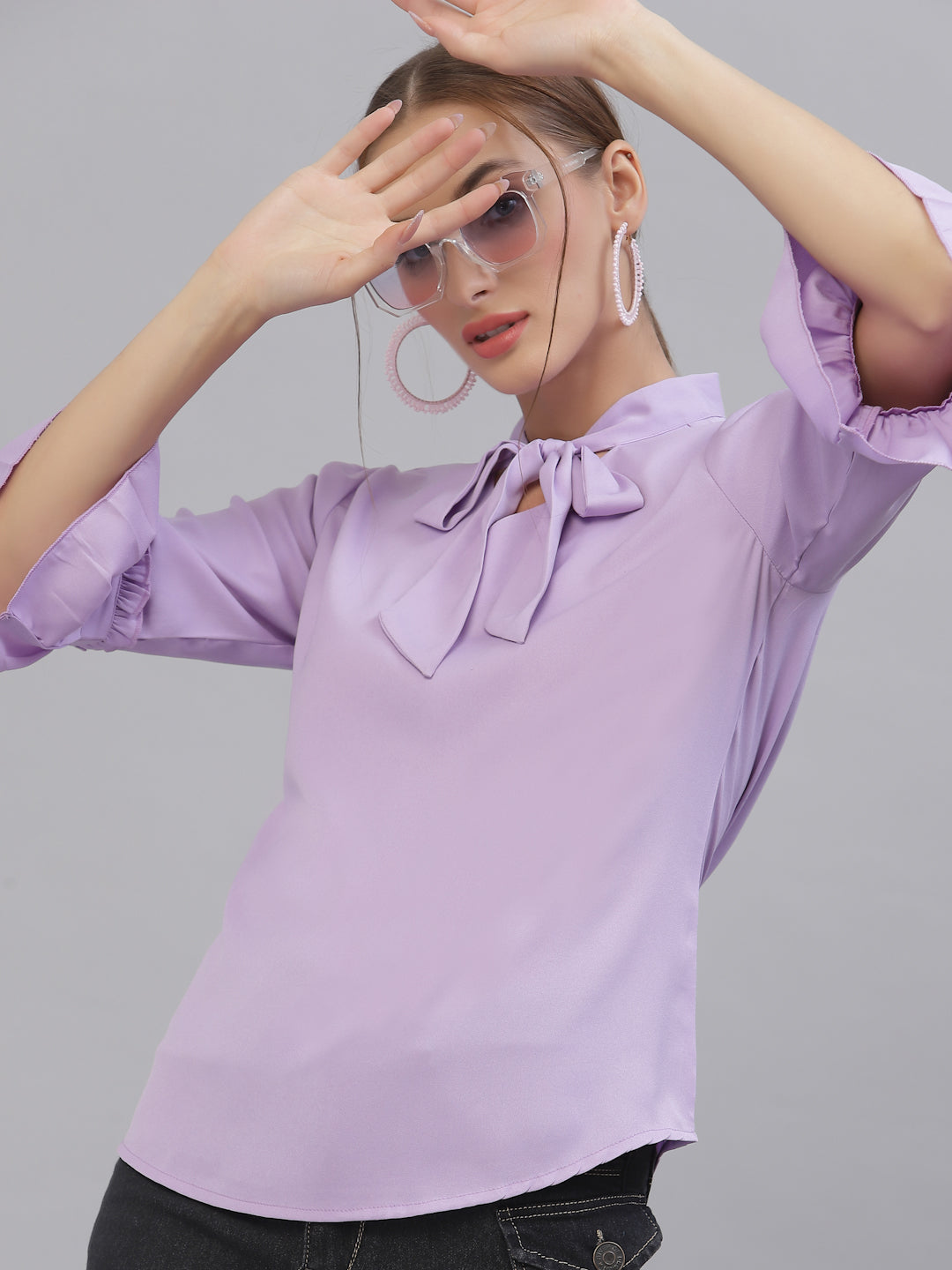 Style Quotient Women Solid Lilac Polymoss Regular smart casual Top-Tops-StyleQuotient