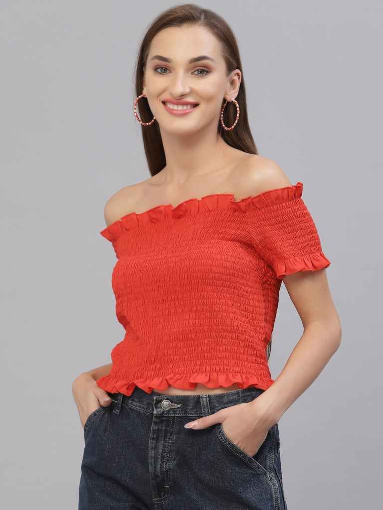 Style Quotient Women Orange Off-Shoulder Bardot Top-Tops-StyleQuotient