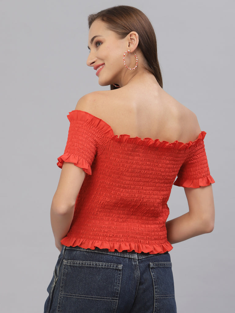 Style Quotient Women Orange Off-Shoulder Bardot Top-Tops-StyleQuotient