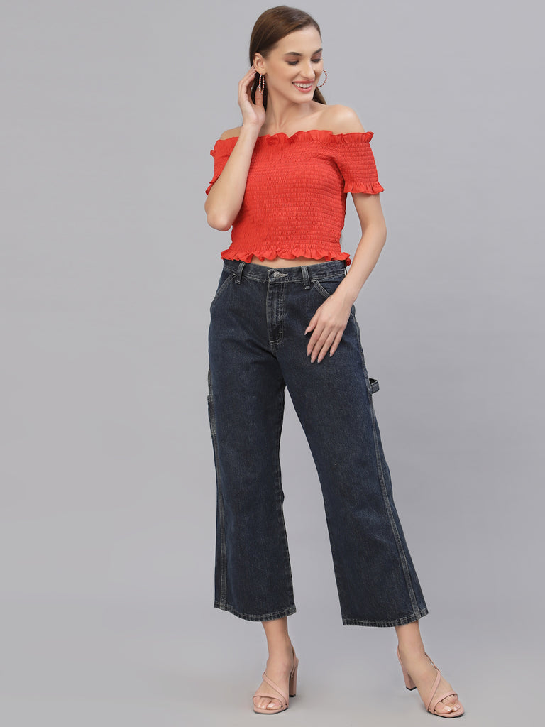 Style Quotient Women Orange Off-Shoulder Bardot Top-Tops-StyleQuotient