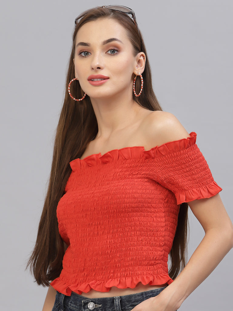 Style Quotient Women Orange Off-Shoulder Bardot Top-Tops-StyleQuotient