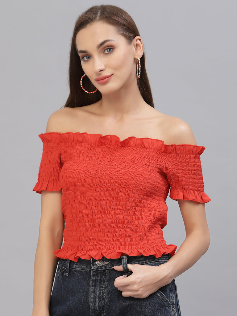 Style Quotient Women Orange Off-Shoulder Bardot Top-Tops-StyleQuotient