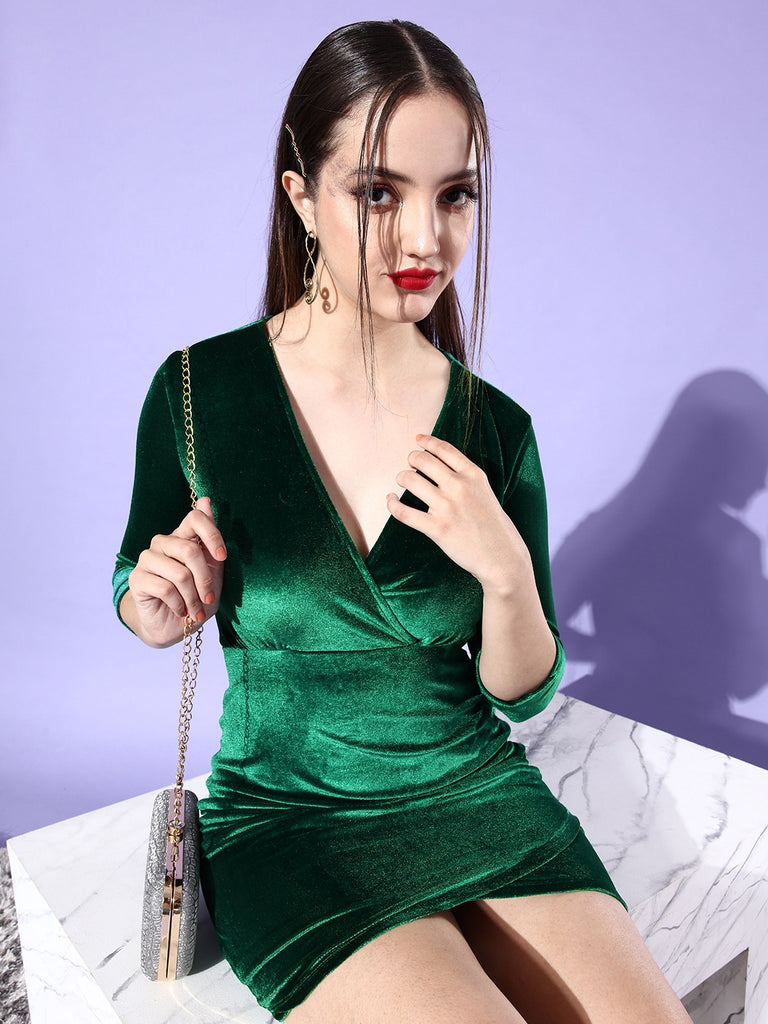 Style Quotient Women Green Solid Velvet Bodycon Mini Dress-Dresses-StyleQuotient
