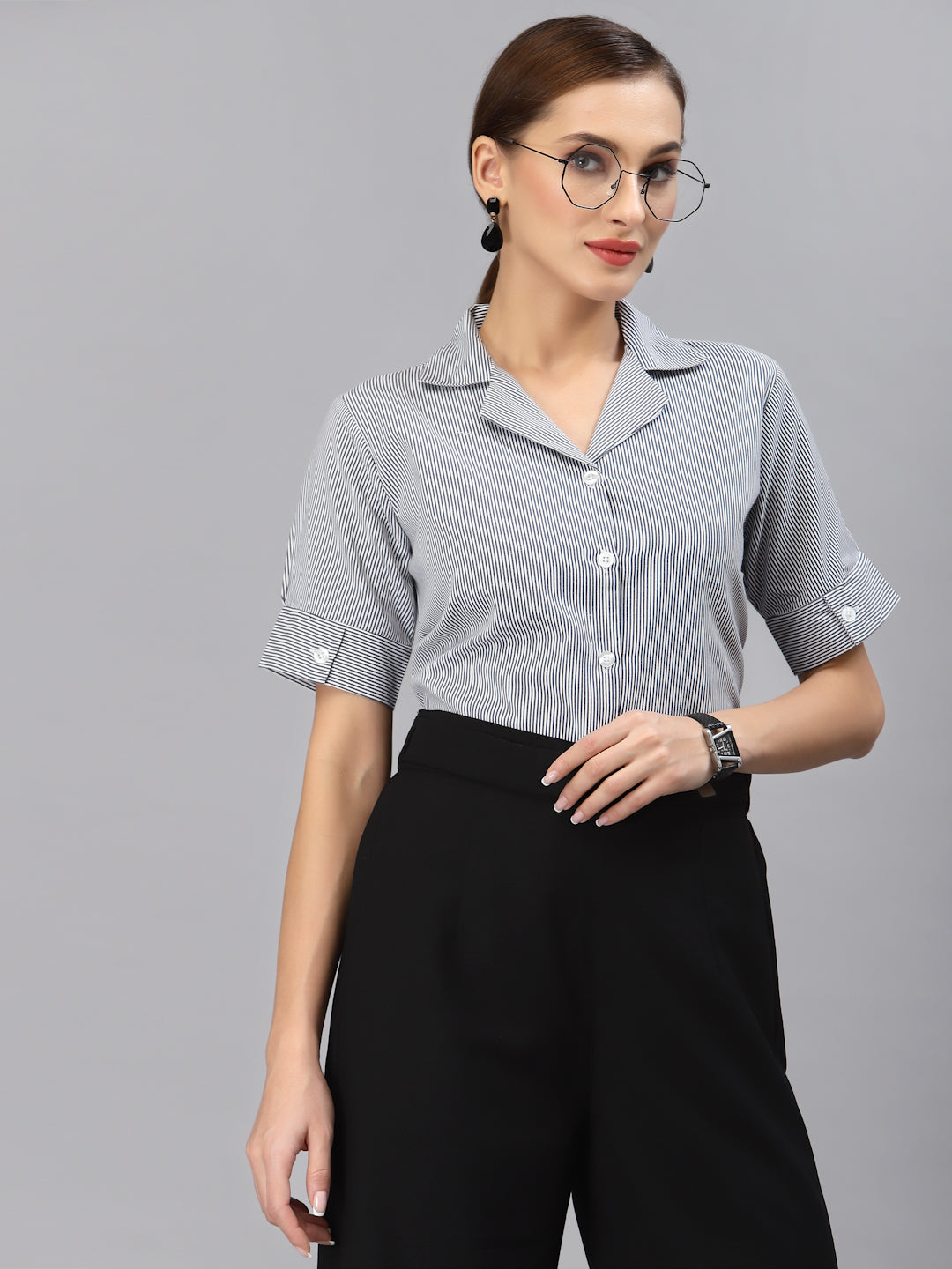 Style Quotient Women Navy Blue Smart Striped Formal Shirt-Shirts-StyleQuotient