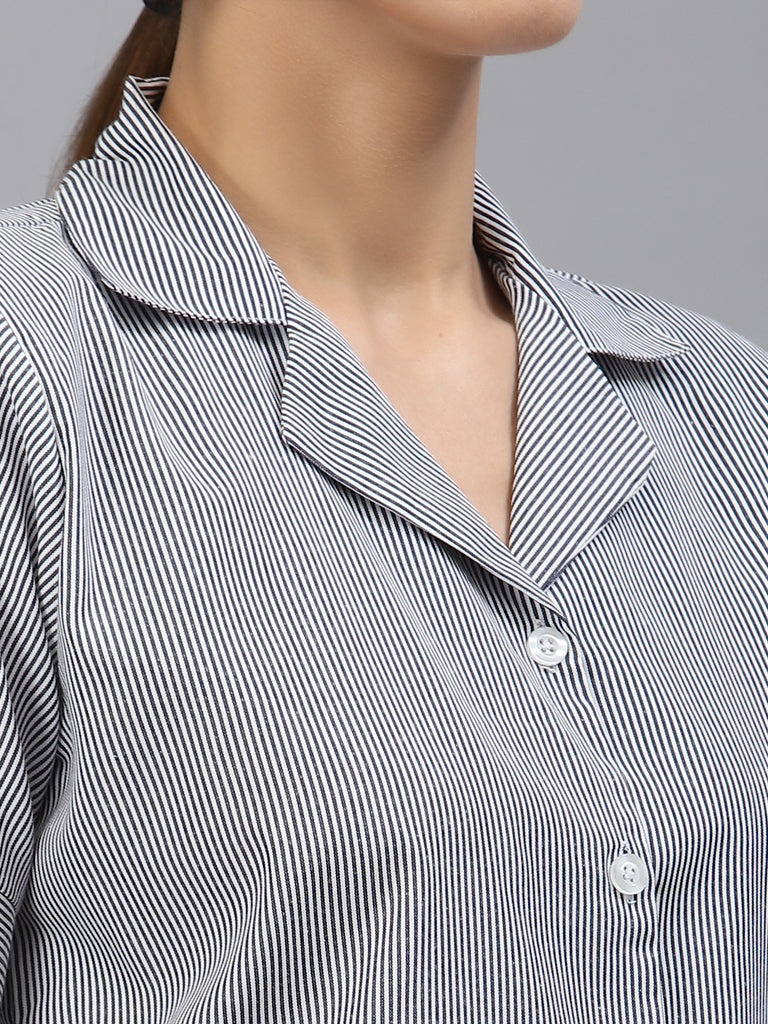 Style Quotient Women Navy Blue Smart Striped Formal Shirt-Shirts-StyleQuotient