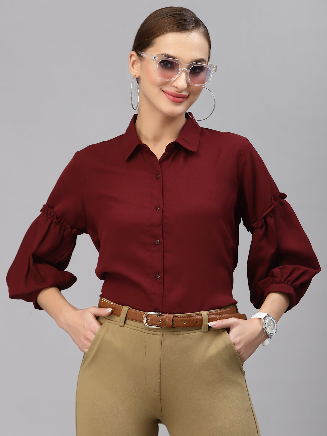 Style Quotient Women Solid Maroon Polymoss Regular Formal Shirt-Shirts-StyleQuotient