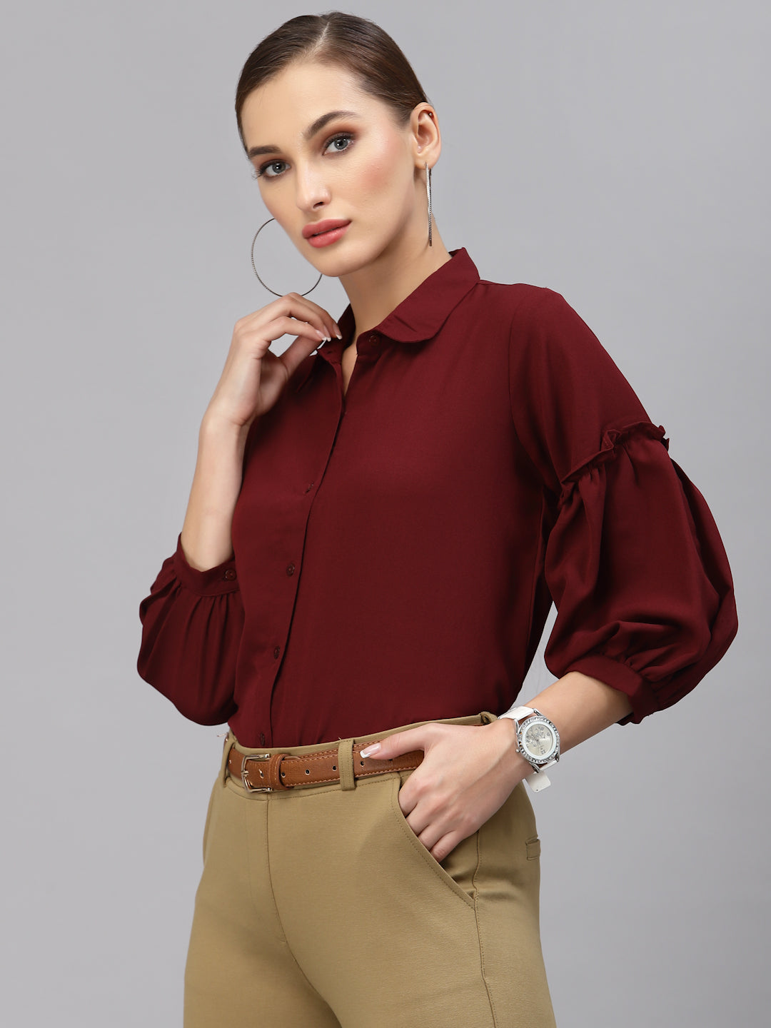 Style Quotient Women Solid Maroon Polymoss Regular Formal Shirt-Shirts-StyleQuotient