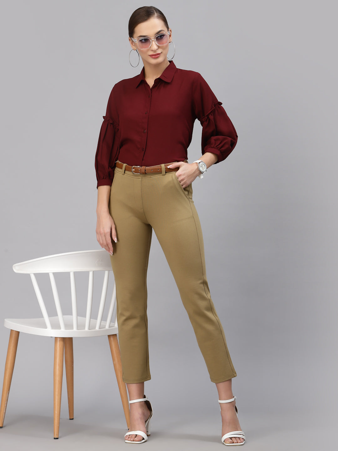 Style Quotient Women Solid Maroon Polymoss Regular Formal Shirt-Shirts-StyleQuotient