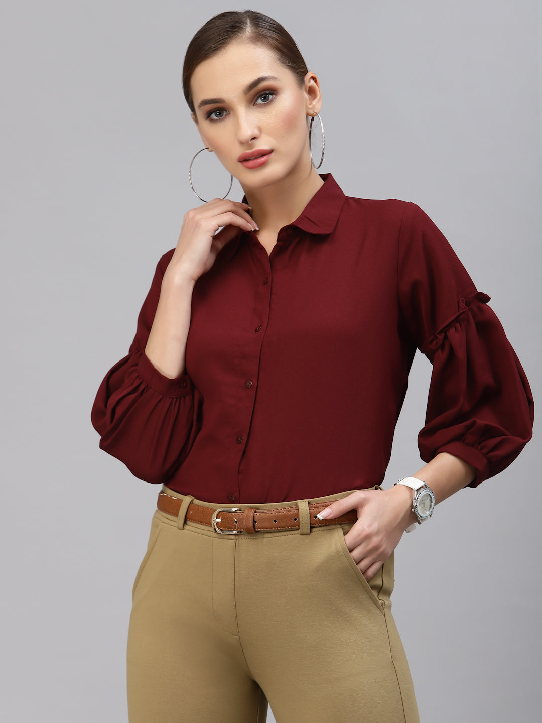 Style Quotient Women Solid Maroon Polymoss Regular Formal Shirt-Shirts-StyleQuotient