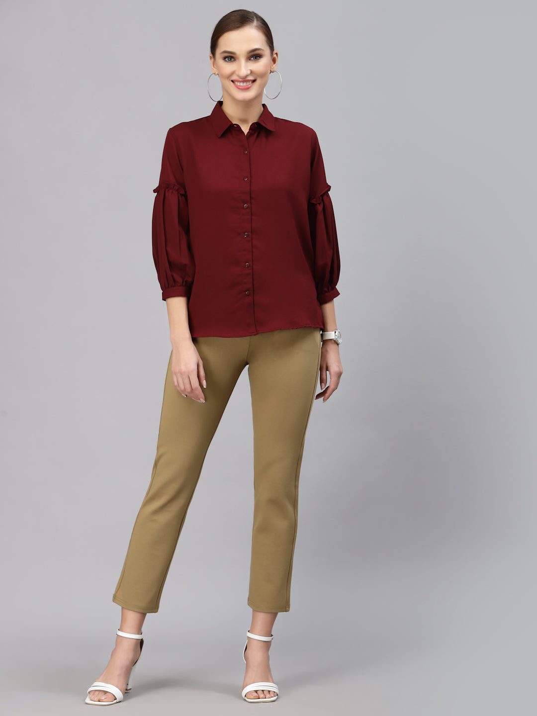 Style Quotient Women Solid Maroon Polymoss Regular Formal Shirt-Shirts-StyleQuotient