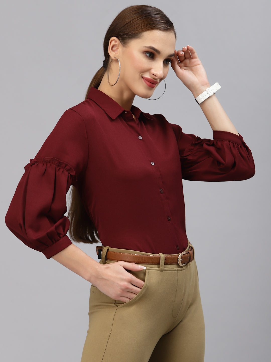 Style Quotient Women Solid Maroon Polymoss Regular Formal Shirt-Shirts-StyleQuotient