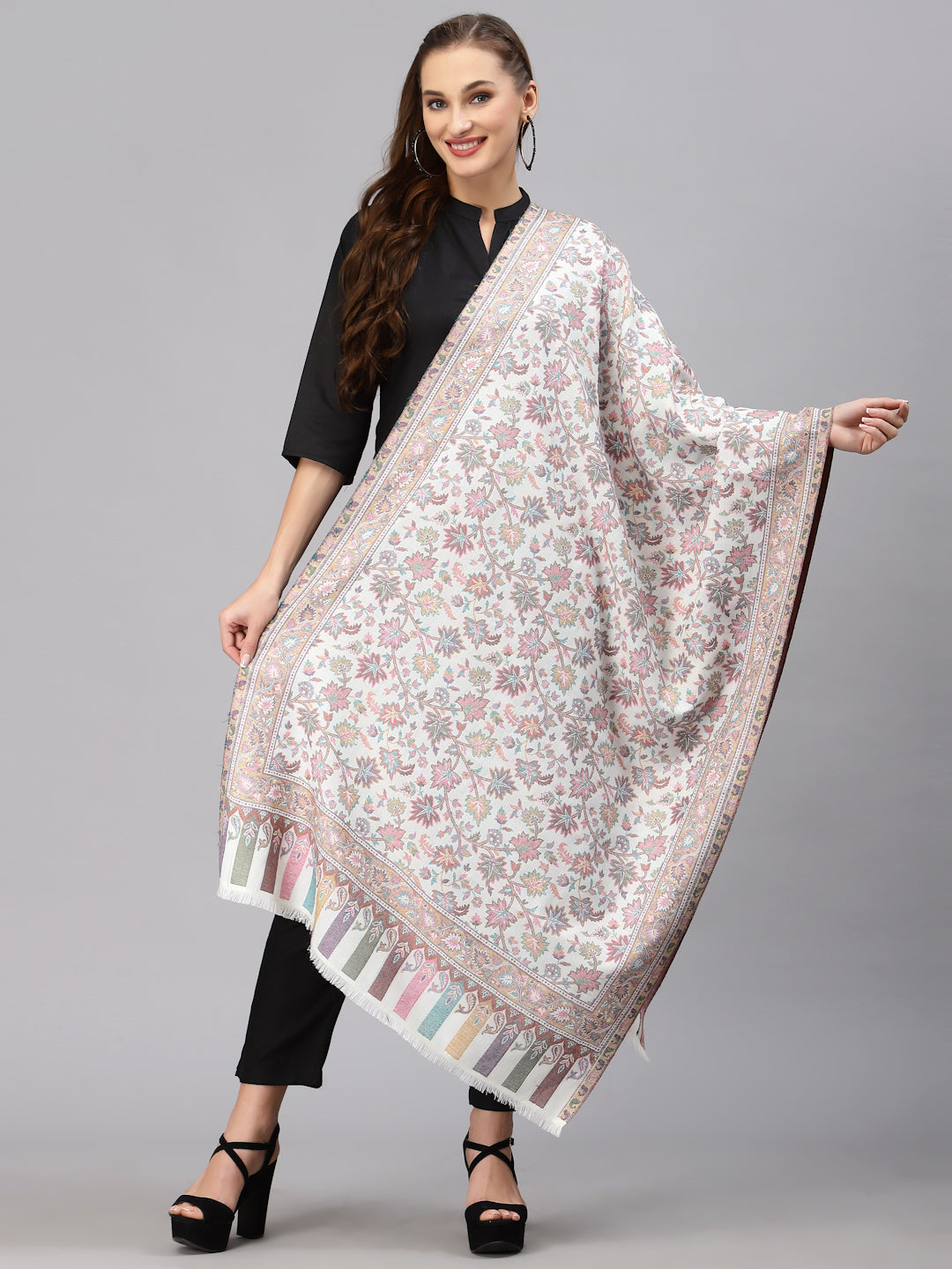 Style Quotient Women White & Pink Woven Design Shawl-Shawl-StyleQuotient