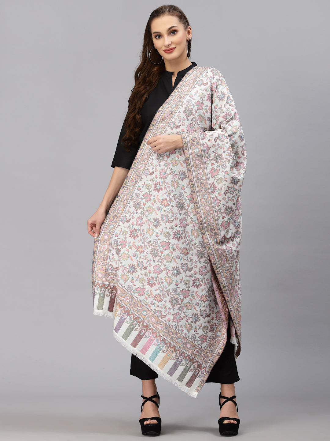 Style Quotient Women White & Pink Woven Design Shawl-Shawl-StyleQuotient