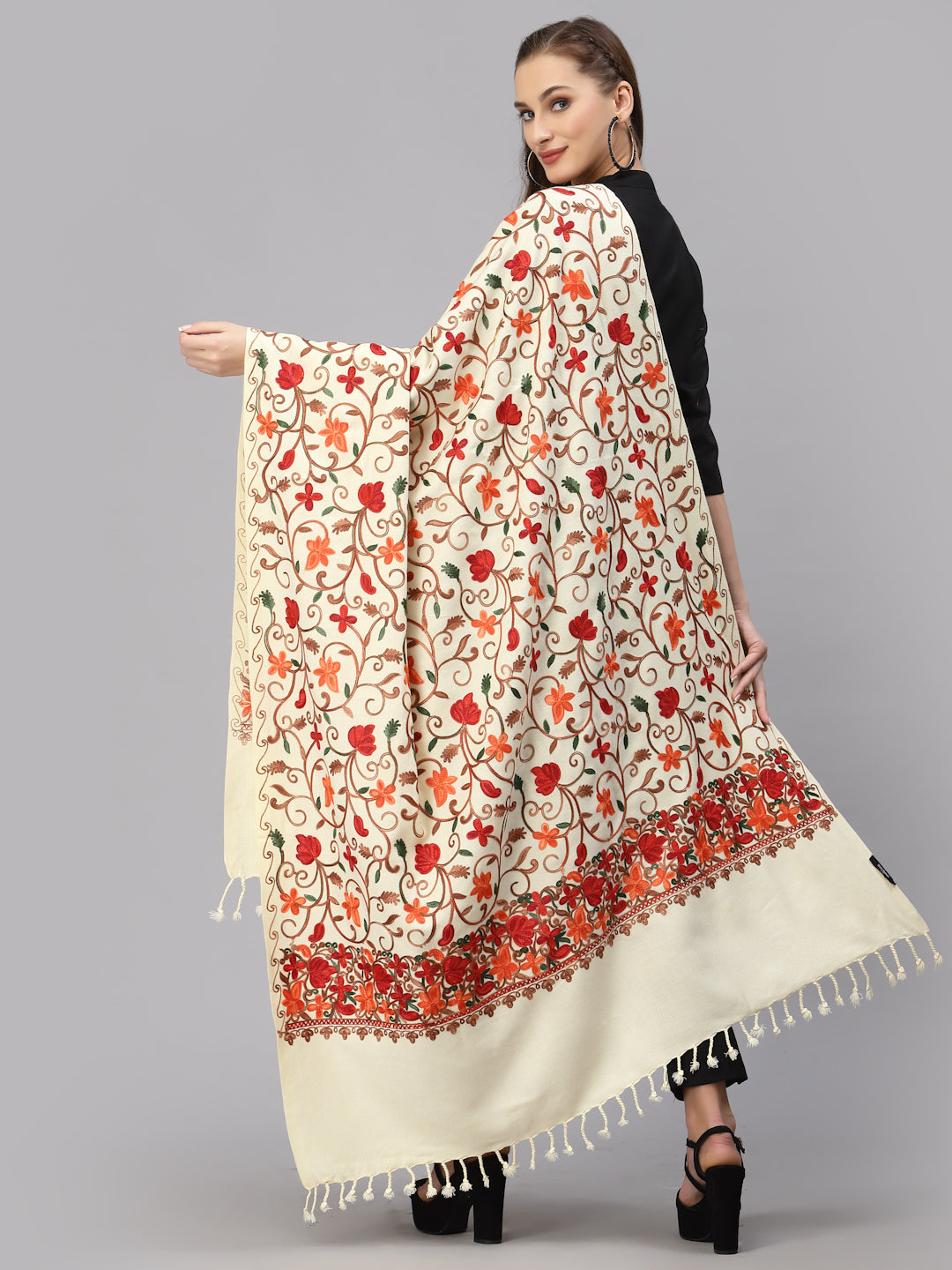 Style Quotient Women Off-White Floral Embroidered Shawl-Shawl-StyleQuotient