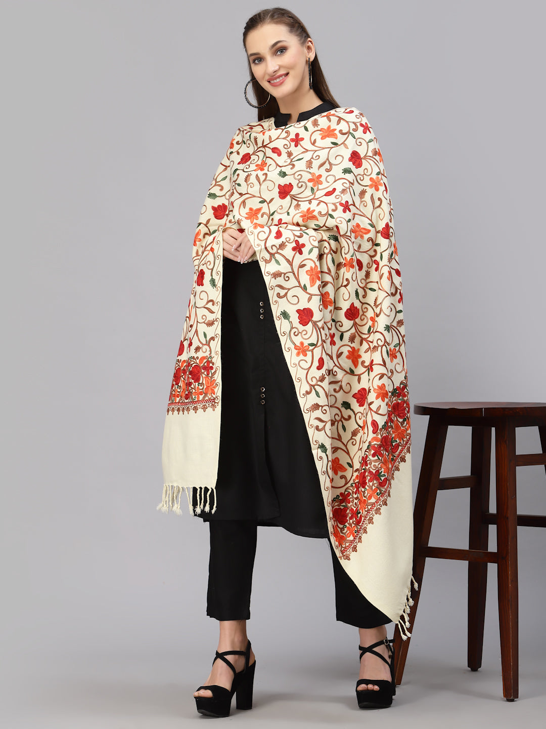 Style Quotient Women Off-White Floral Embroidered Shawl-Shawl-StyleQuotient