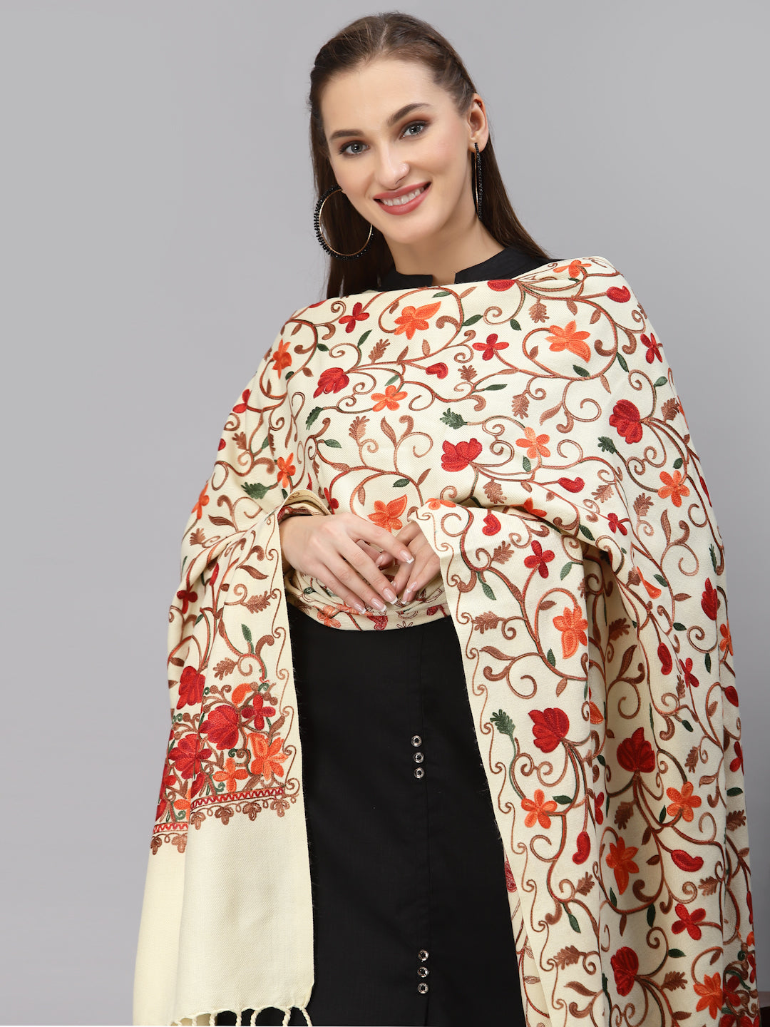 Style Quotient Women Off-White Floral Embroidered Shawl-Shawl-StyleQuotient