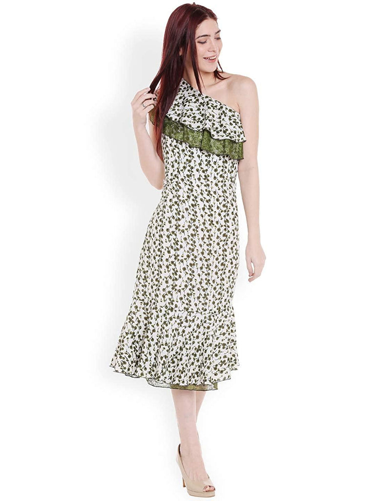 Style Quotient Women Green Off-Shoulder Floral Fashion Dresses-Dresses-StyleQuotient