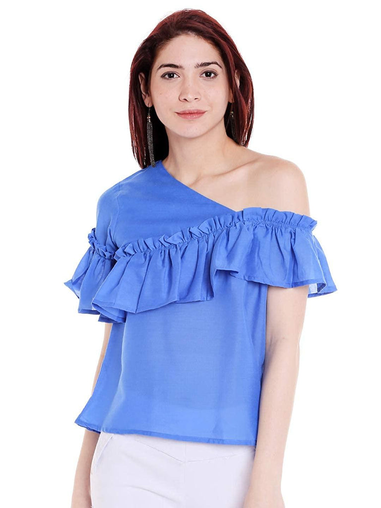 Style Quotient Women Blue One Shoulder Solid Fashion Tops-Tops-StyleQuotient