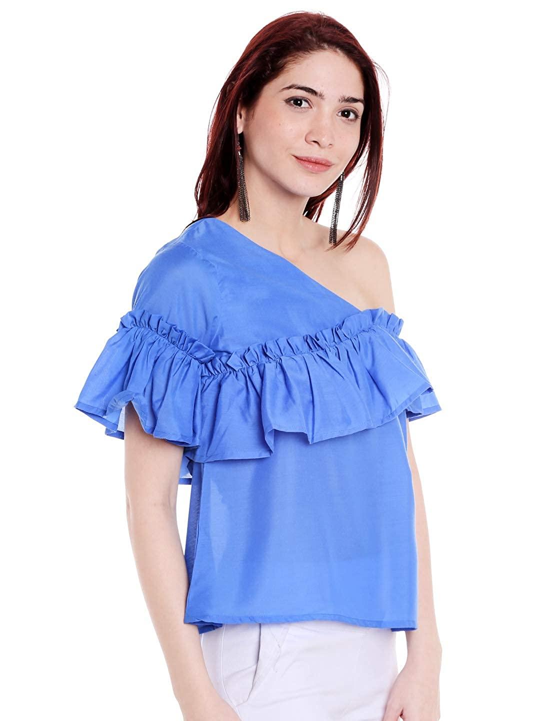 Style Quotient Women Blue One Shoulder Solid Fashion Tops-Tops-StyleQuotient