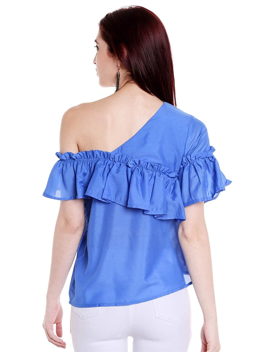 Style Quotient Women Blue One Shoulder Solid Fashion Tops-Tops-StyleQuotient