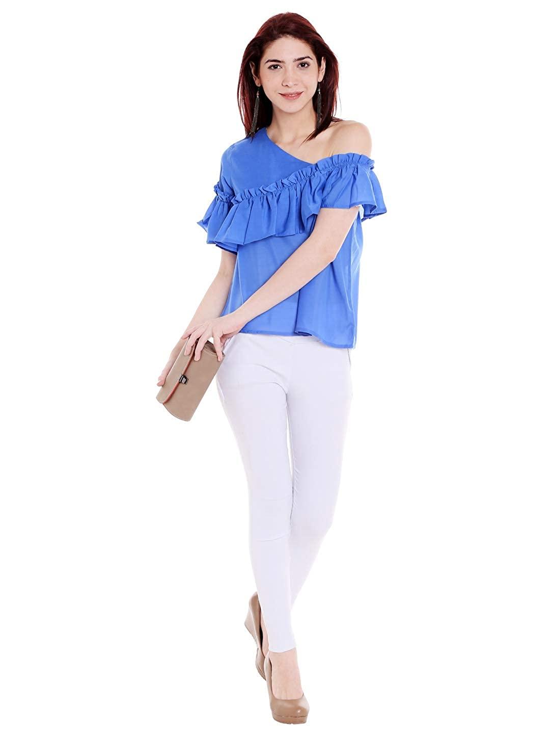 Style Quotient Women Blue One Shoulder Solid Fashion Tops-Tops-StyleQuotient