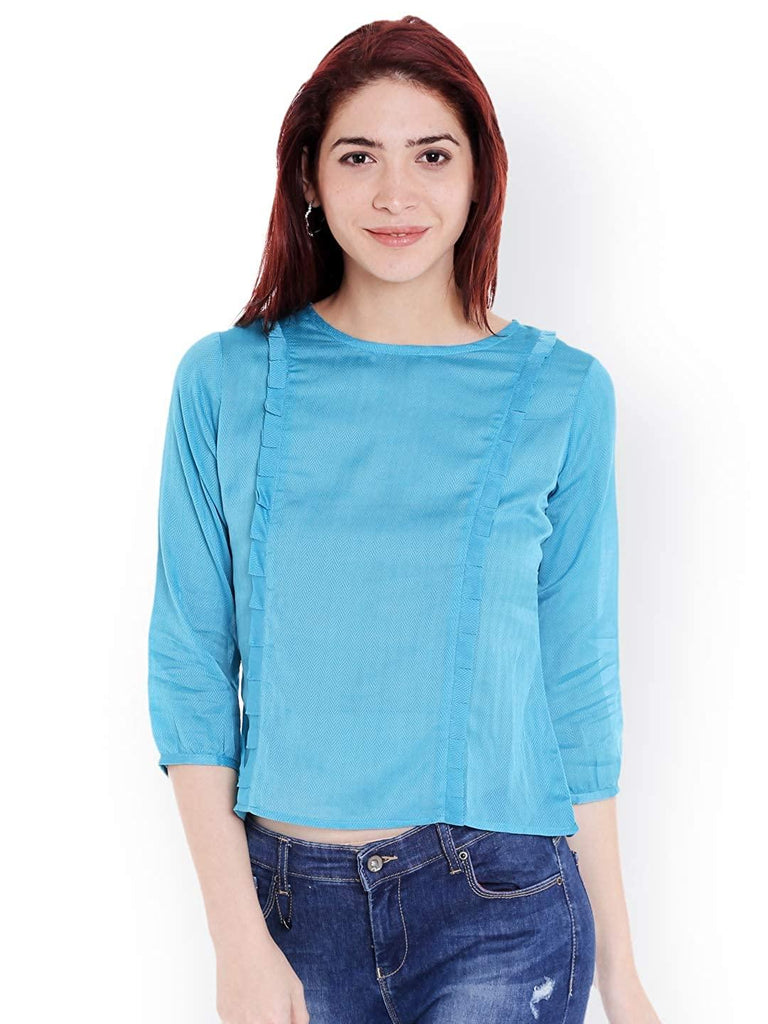 Style Quotient Women Blue Round Neck Solid Fashion Tops-Tops-StyleQuotient