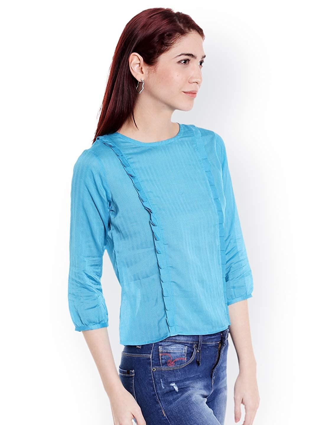 Style Quotient Women Blue Round Neck Solid Fashion Tops-Tops-StyleQuotient