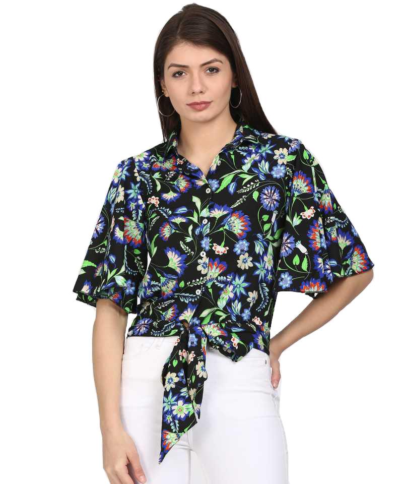 Style Quotient Women Navy Blue Spread Collar Floral Fashion Shirts-Shirts-StyleQuotient