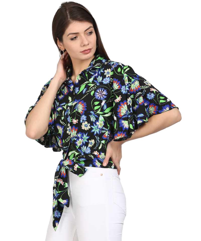 Style Quotient Women Navy Blue Spread Collar Floral Fashion Shirts-Shirts-StyleQuotient
