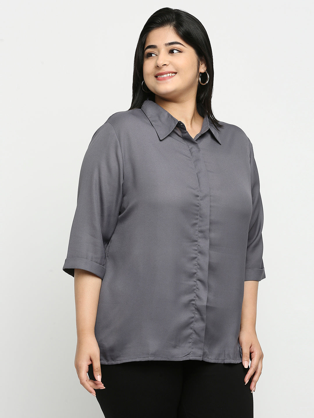 Style Quotient Women Grey Solid Plus Size Shirts-Shirts-StyleQuotient