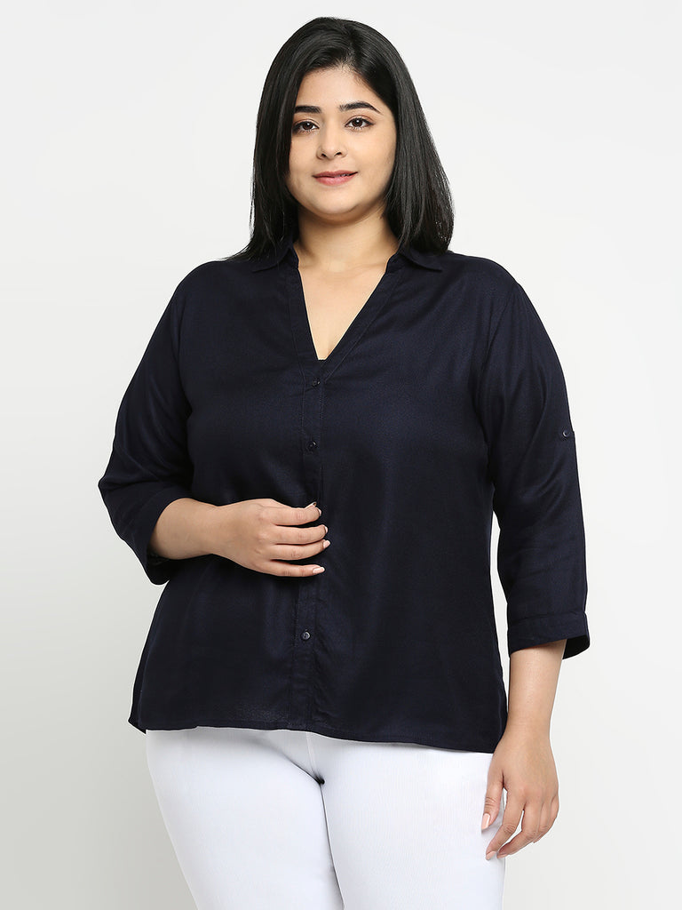 Style Quotient Women Navy Blue Solid Plus Size Shirts-Shirts-StyleQuotient