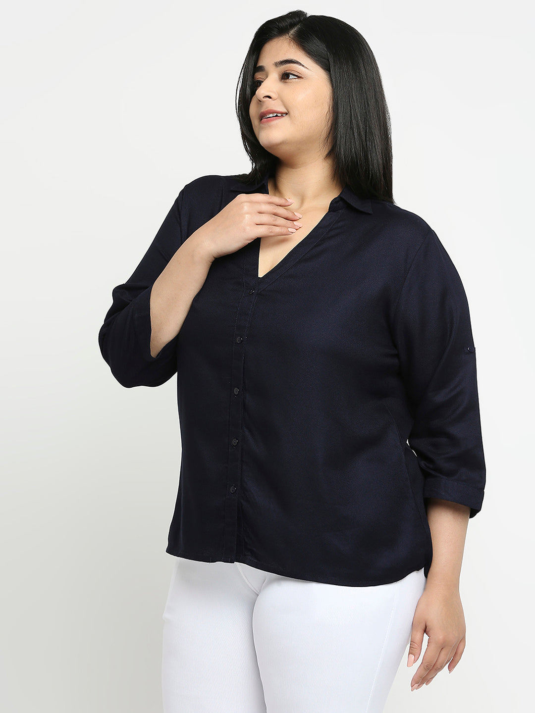 Style Quotient Women Navy Blue Solid Plus Size Shirts-Shirts-StyleQuotient