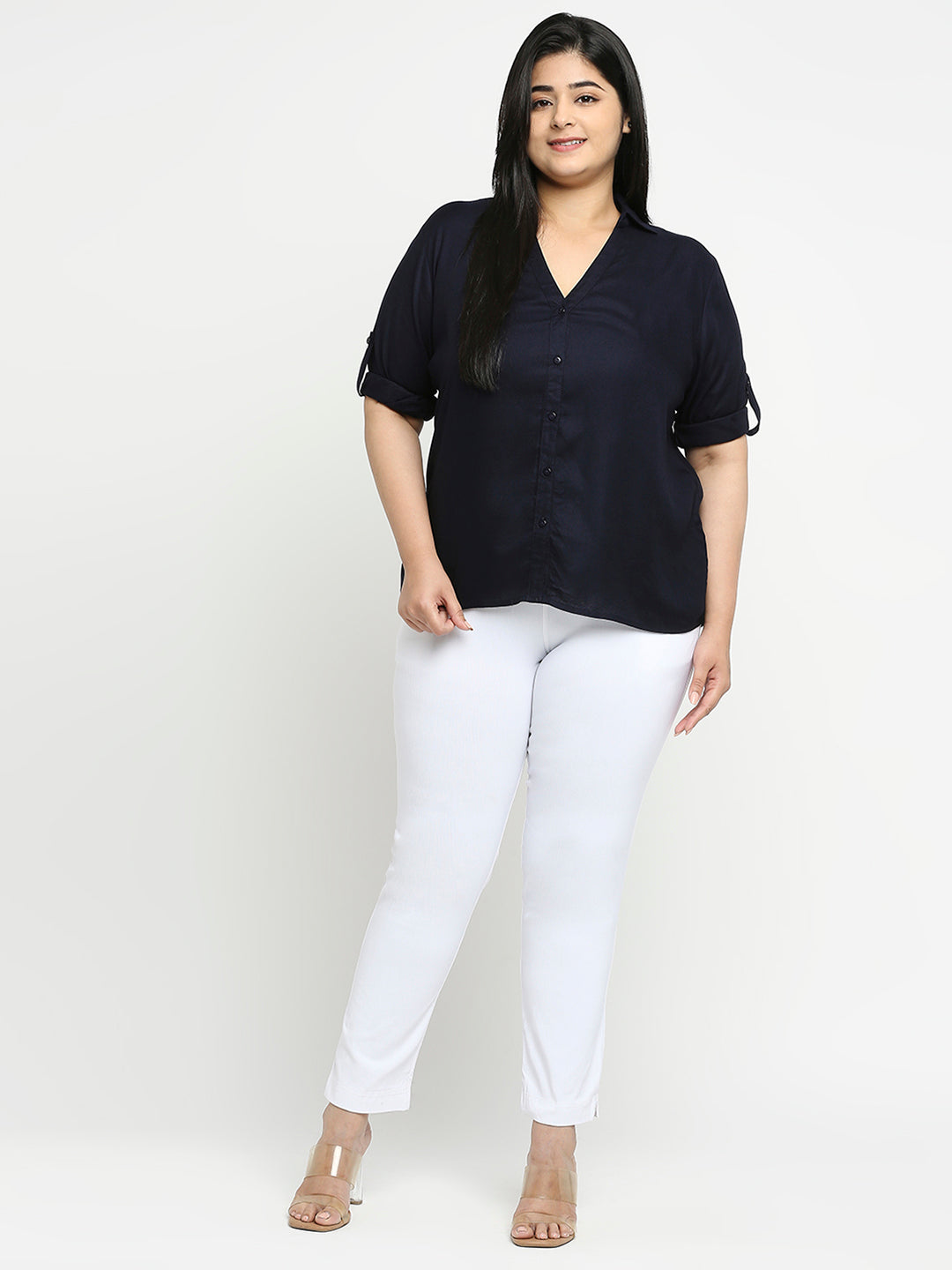 Style Quotient Women Navy Blue Solid Plus Size Shirts-Shirts-StyleQuotient