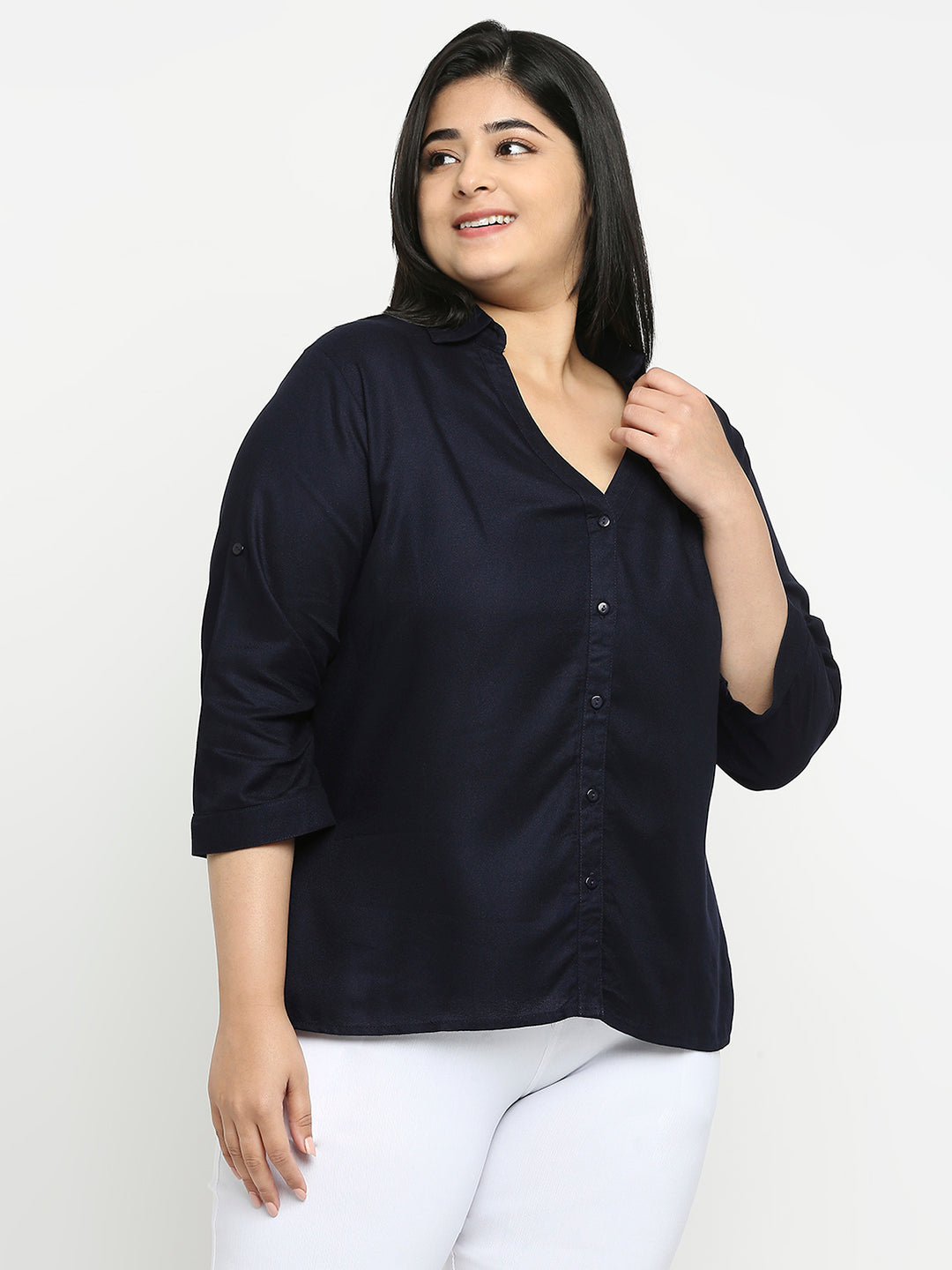 Style Quotient Women Navy Blue Solid Plus Size Shirts-Shirts-StyleQuotient