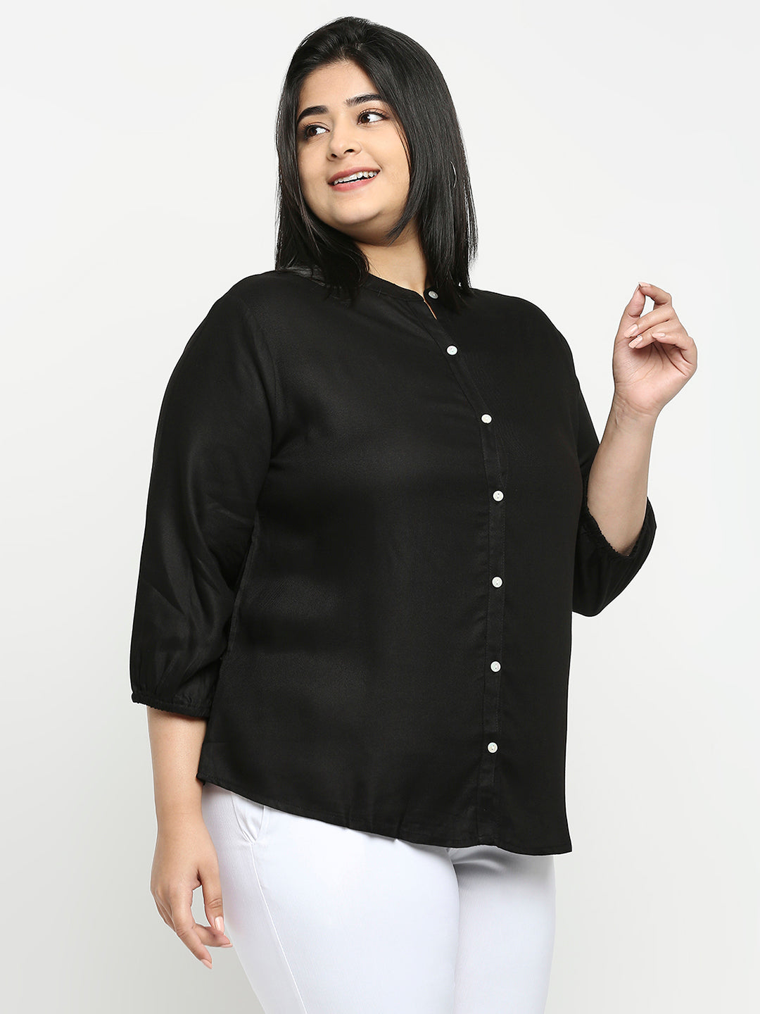 Style Quotient Plus Women Solid Black Viscose Rayon Formal Shirt-Shirts-StyleQuotient