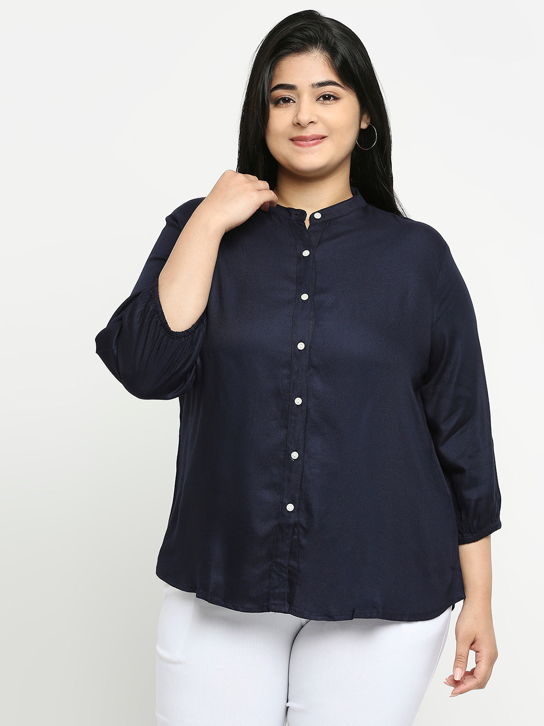 Style Quotient Plus Women Solid Navy Blue Viscose Rayon Formal Shirt-Shirts-StyleQuotient