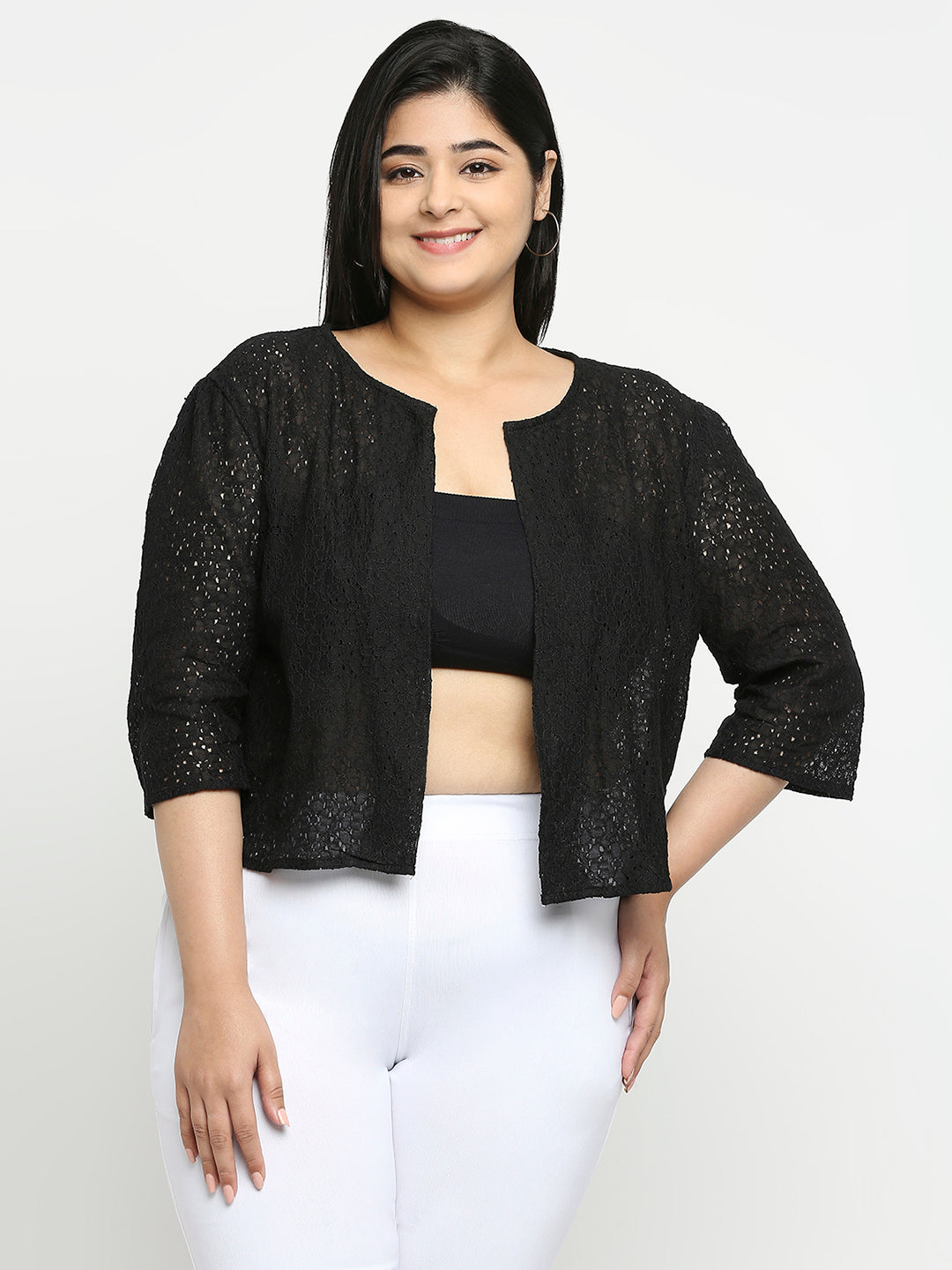 Style Quotient Women Black Self Design Floral Lace Open Front Smart Casual Shrug-Shrug-StyleQuotient