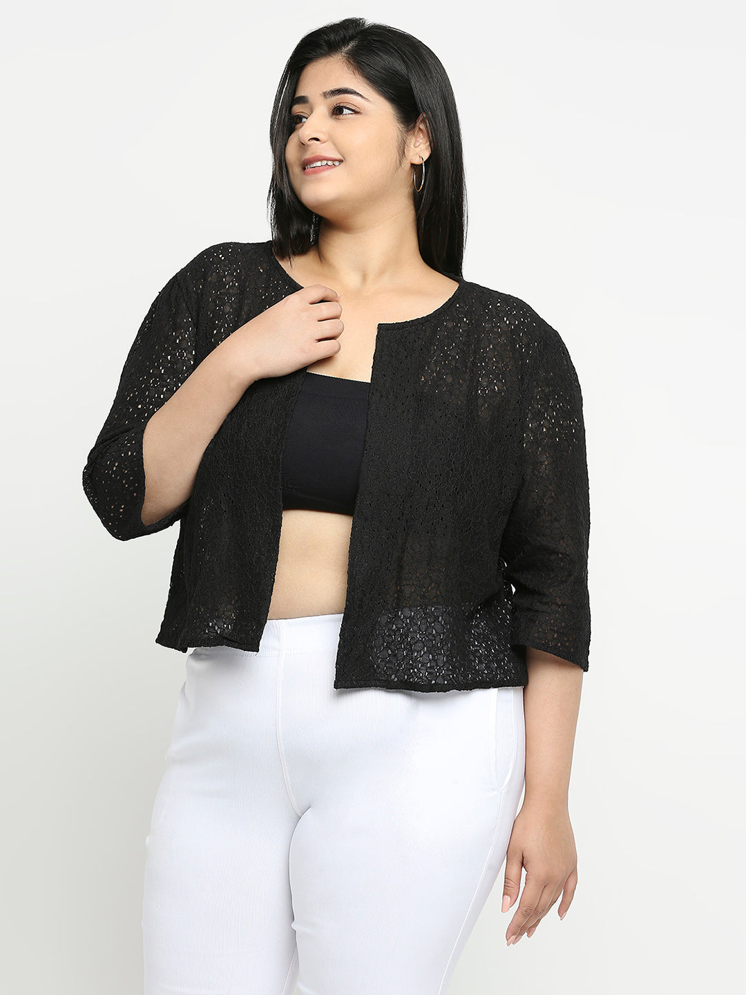 Style Quotient Women Black Self Design Floral Lace Open Front Smart Casual Shrug-Shrug-StyleQuotient