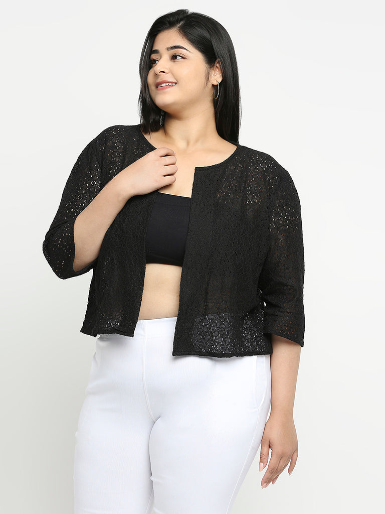 Style Quotient Women Black Self Design Floral Lace Open Front Smart Casual Shrug-Shrug-StyleQuotient