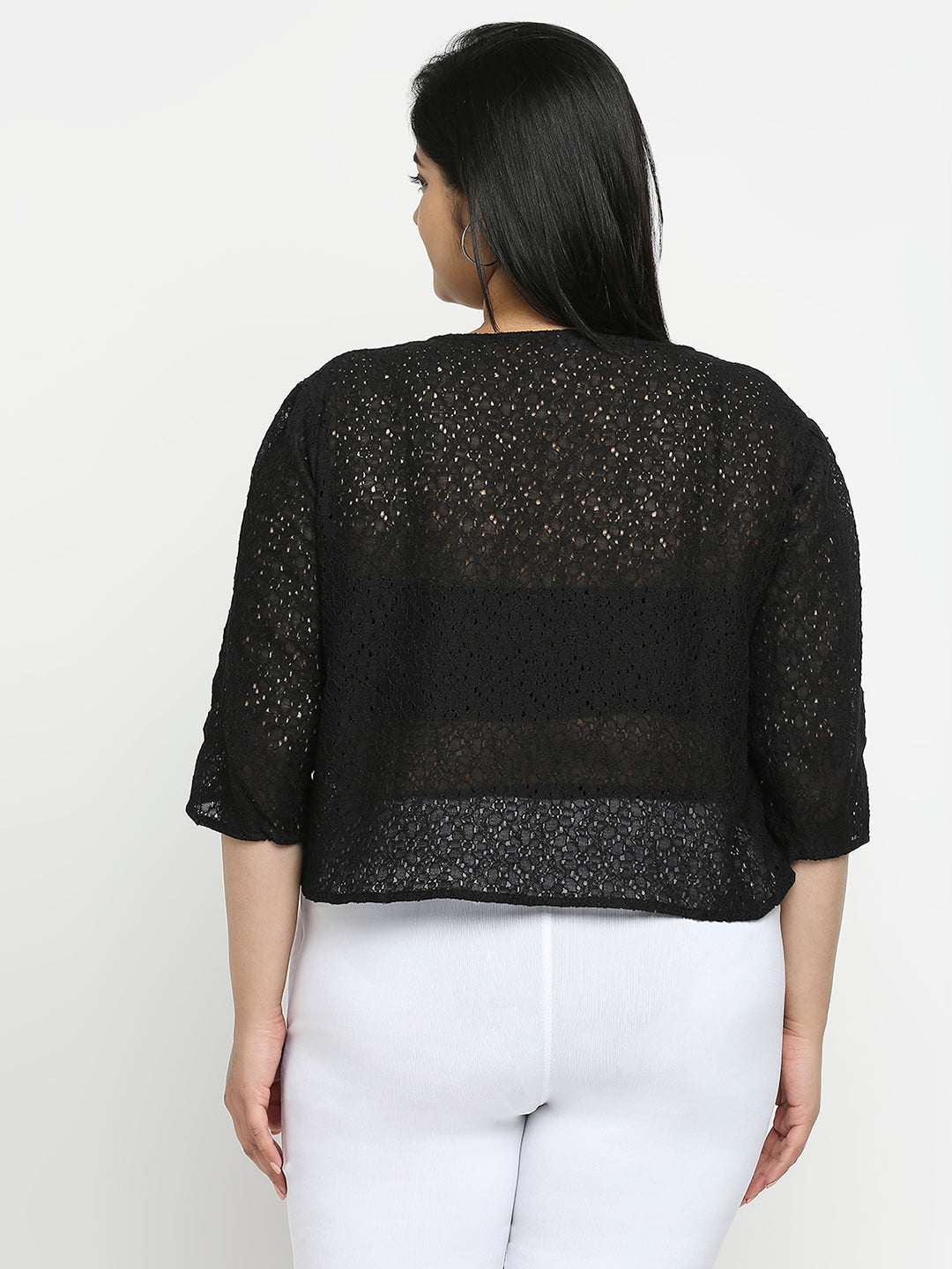 Style Quotient Women Black Self Design Floral Lace Open Front Smart Casual Shrug-Shrug-StyleQuotient