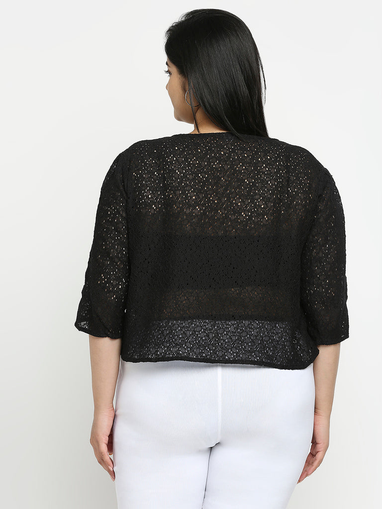 Style Quotient Women Black Self Design Floral Lace Open Front Smart Casual Shrug-Shrug-StyleQuotient