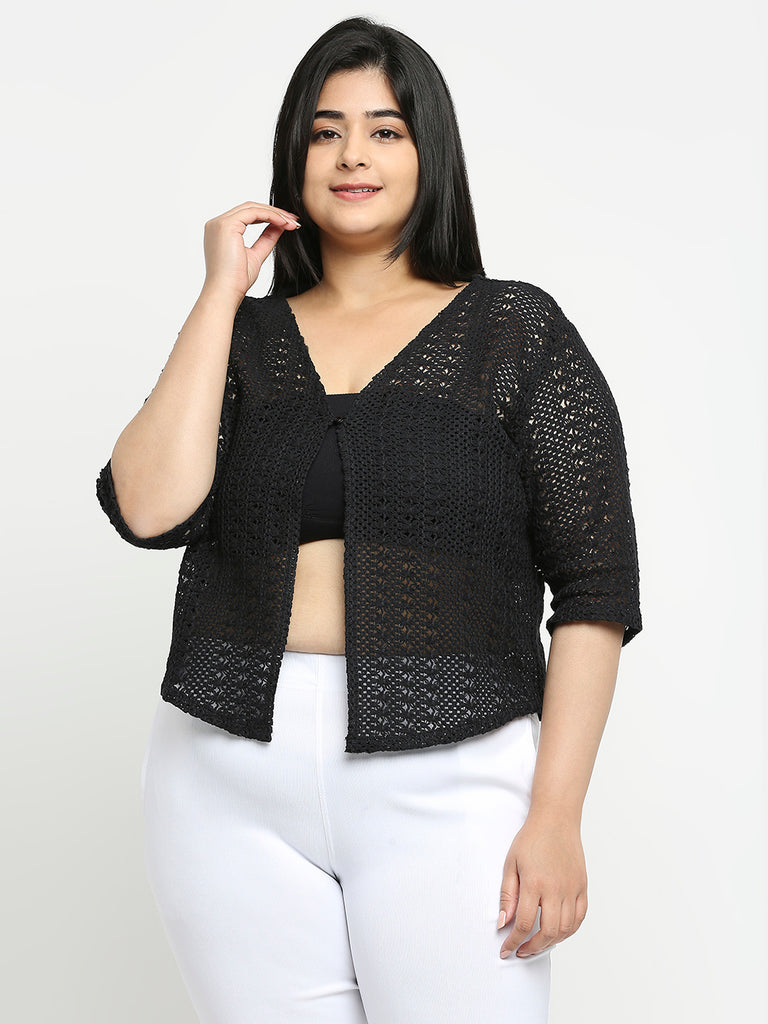 Style Quotient Women Black Self Design Lace Open Front Smart Casual Shrug-Shrug-StyleQuotient